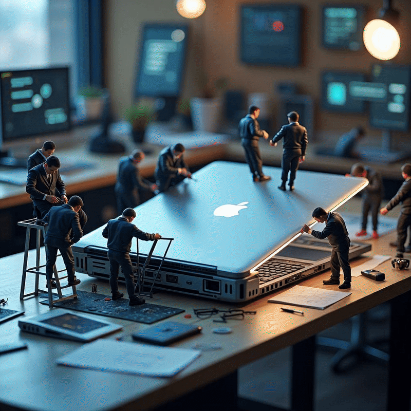 Miniature people working on product - animated GIF